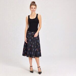 Vintage Midi Pleated Skirt Boho Retro Geo Pattern Summer Black Geek Secretary